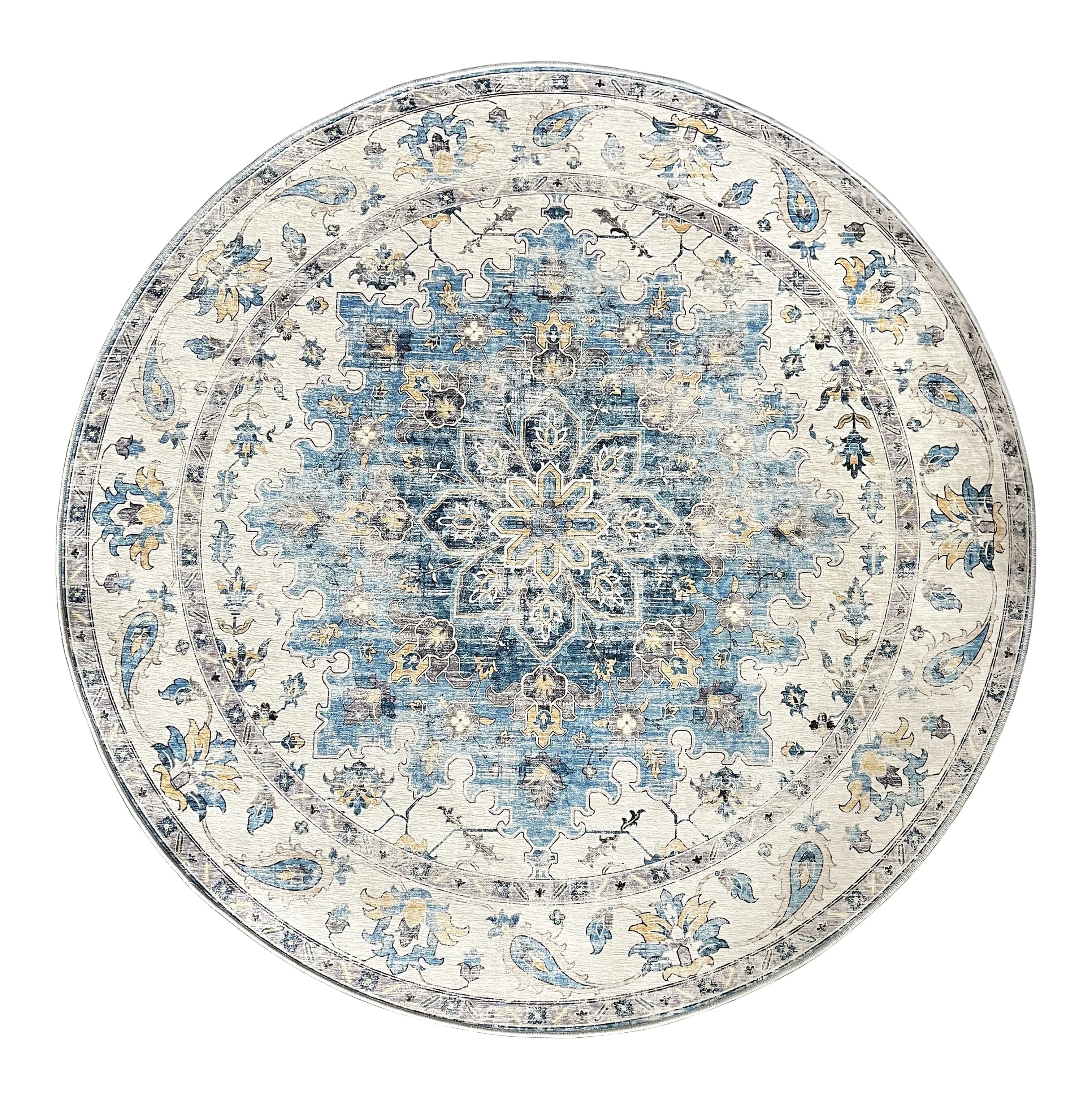 Conrad Blue Traditional Distressed Round Non Slip Area Rug