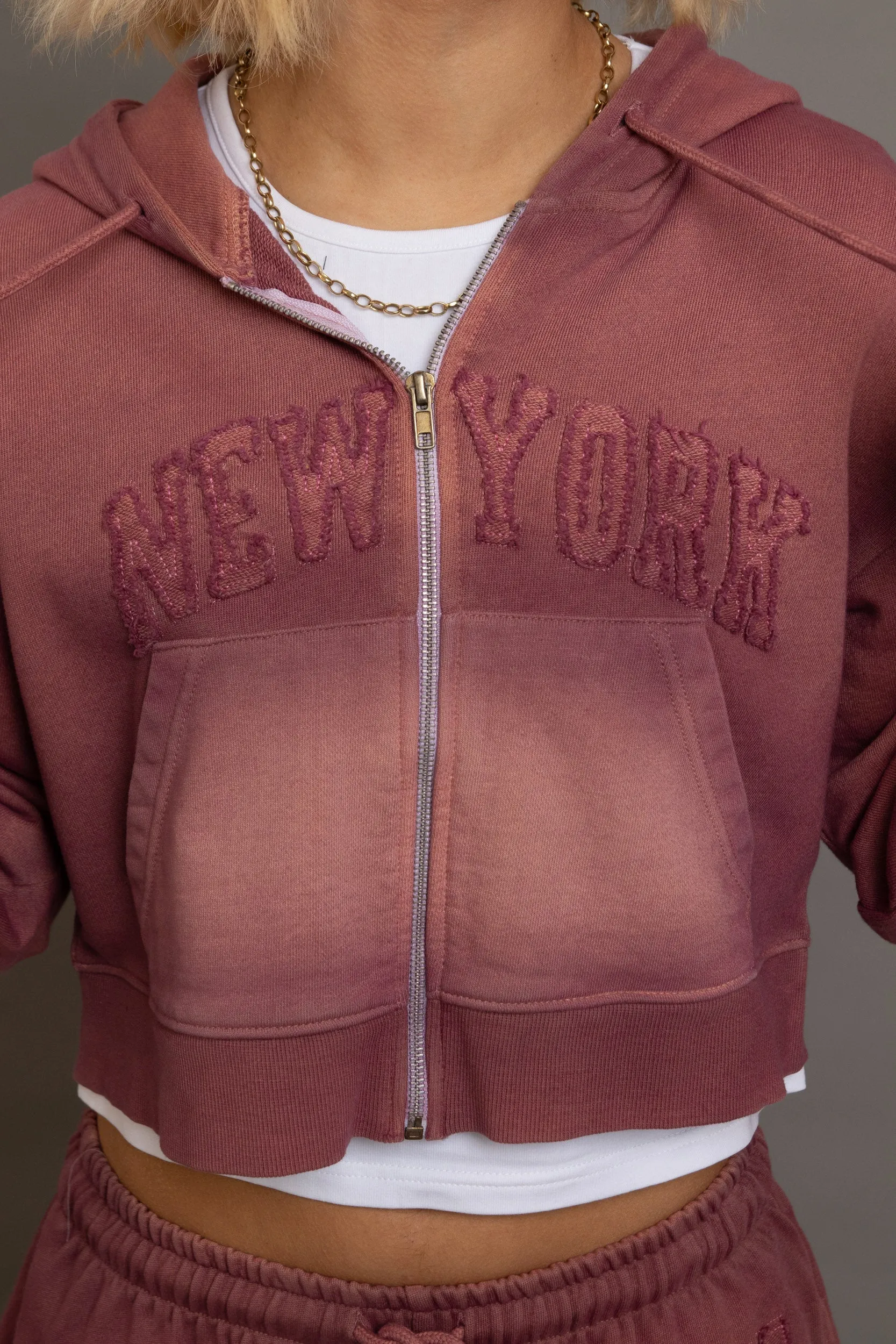 Daisy Street - Dark Pink Zip Hoodie with NY Applique