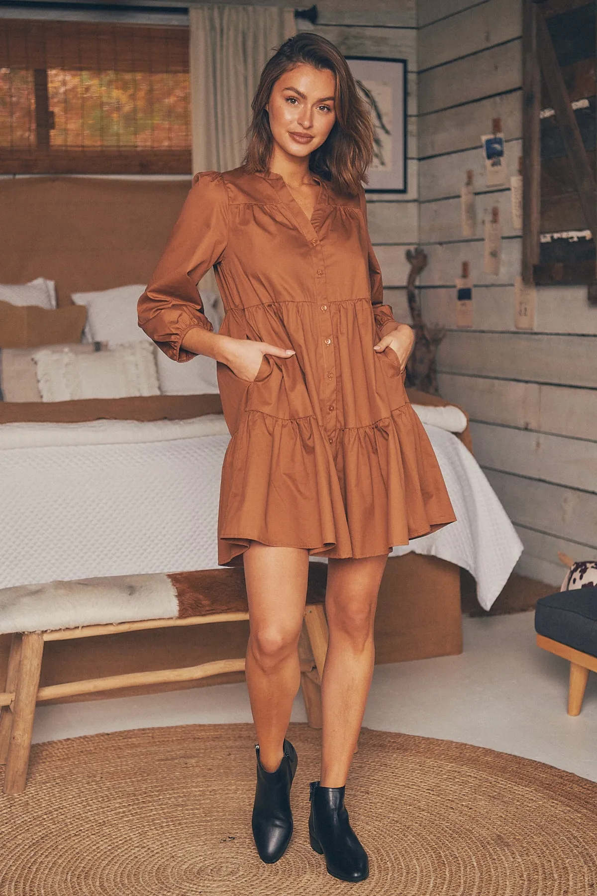 Darby babydoll Long Sleeve Tan Button Dress