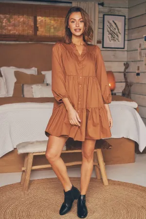 Darby babydoll Long Sleeve Tan Button Dress