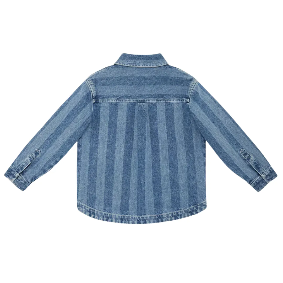 Dark Blue Unisex Striped Denim Logo Shacket