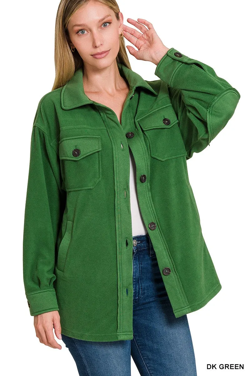 Dk Green Oversized Basic Fleece Shacket