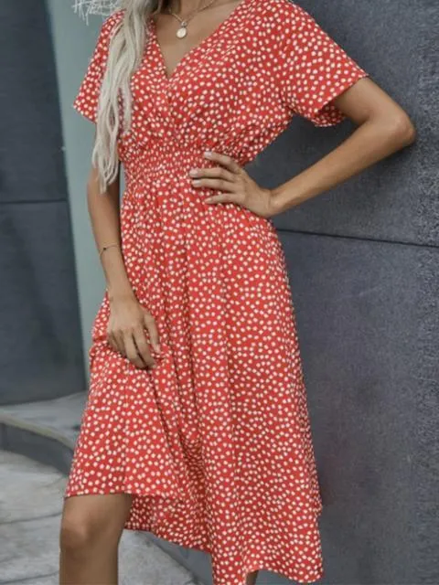 Floral Wrap High Waist Short Sleeve Midi Dress