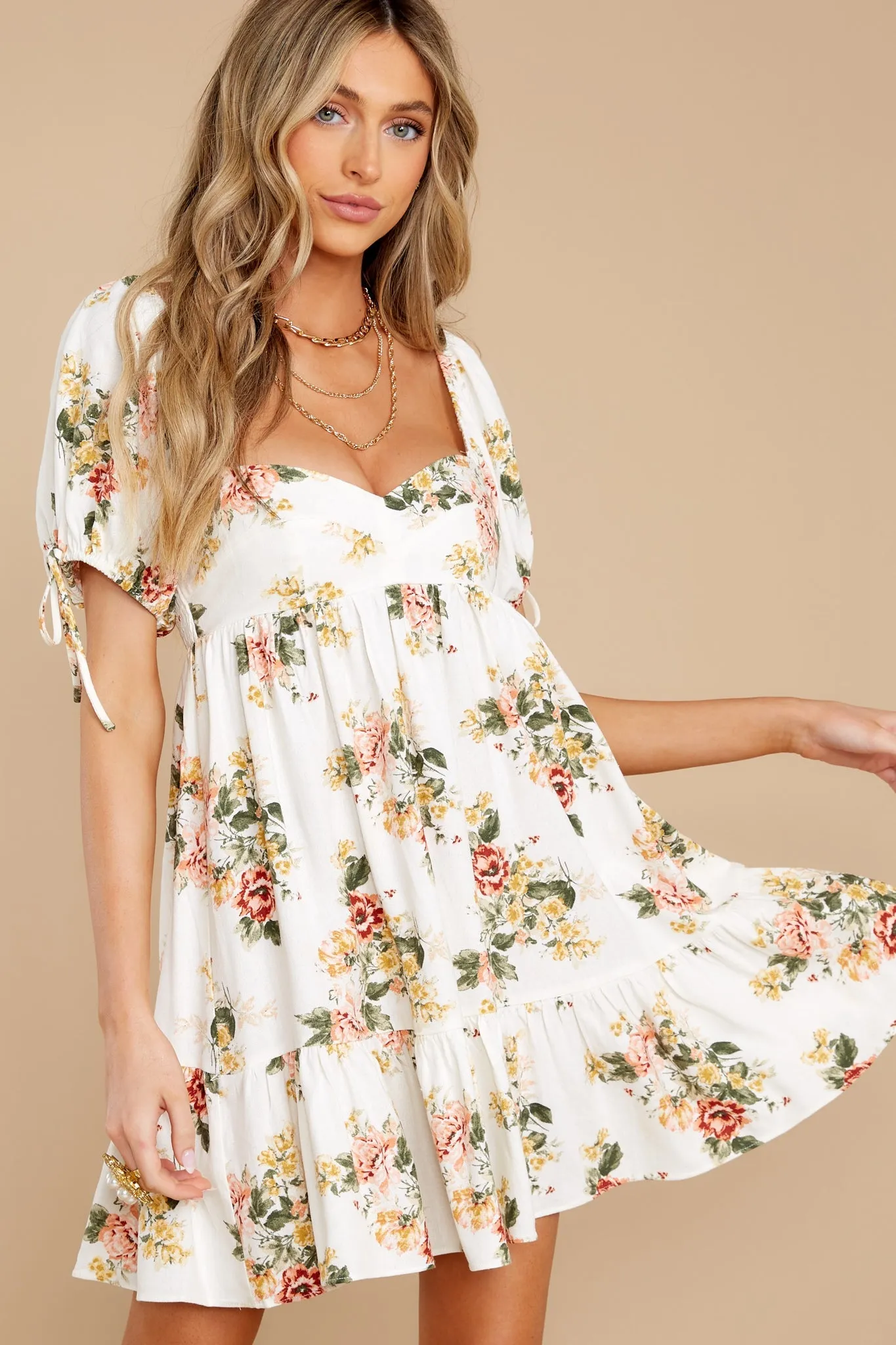 Garden Charm Off White Floral Print Dress