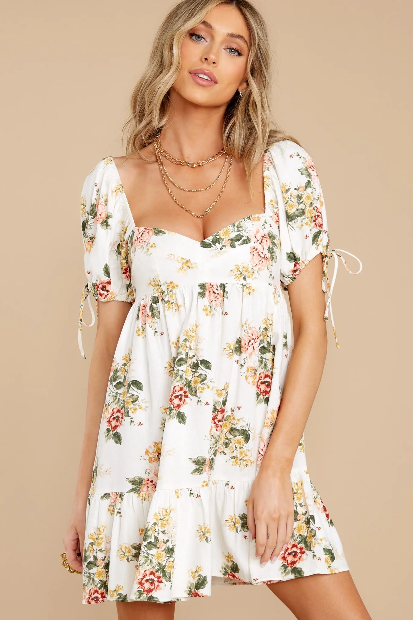 Garden Charm Off White Floral Print Dress