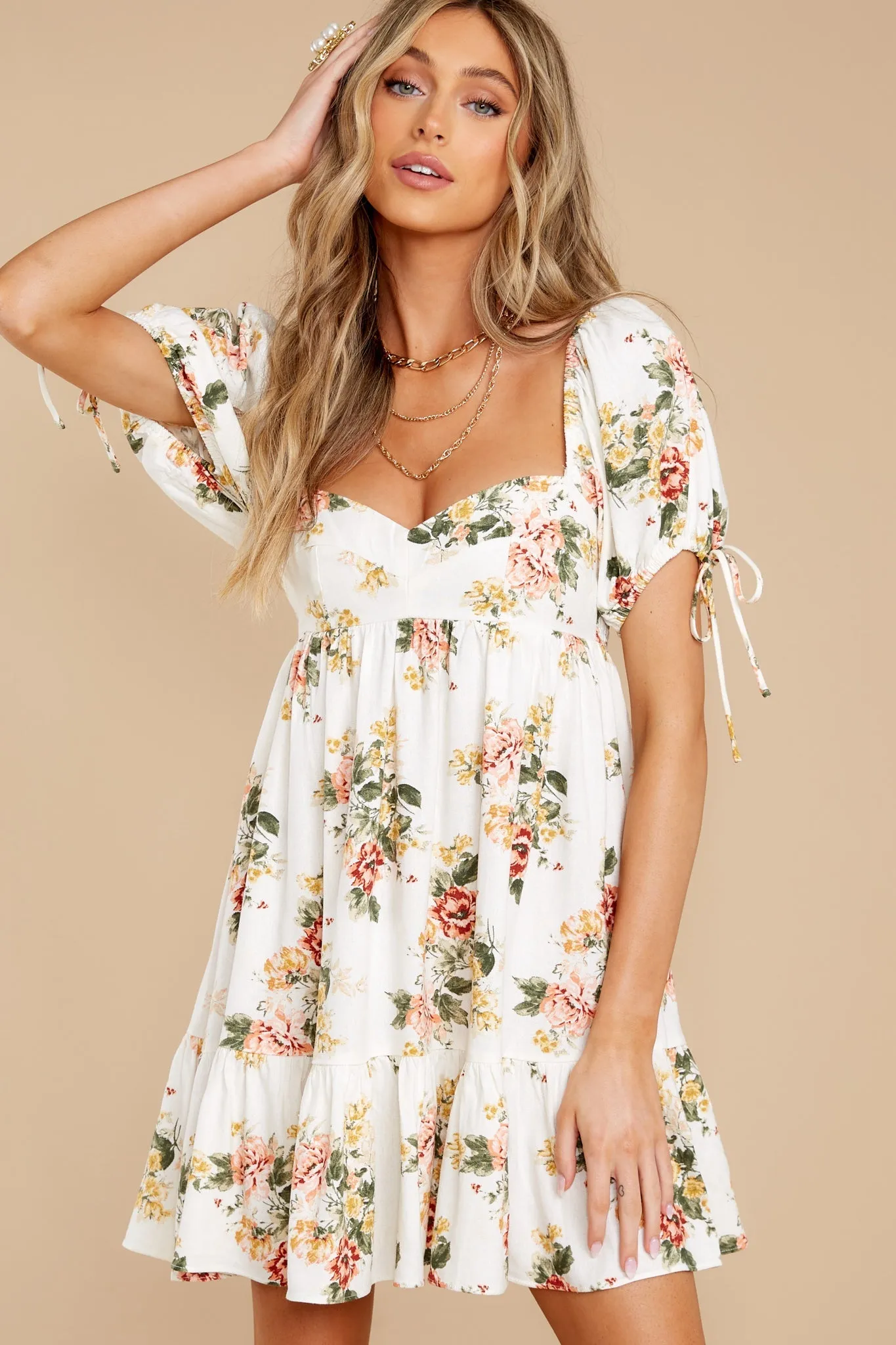 Garden Charm Off White Floral Print Dress