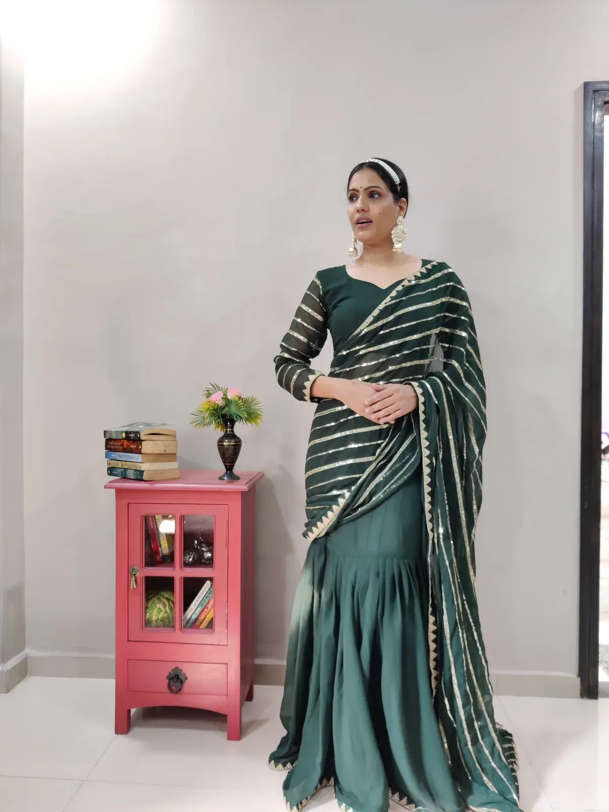 Green Lehenga Saree in Georgette With Sequence Work