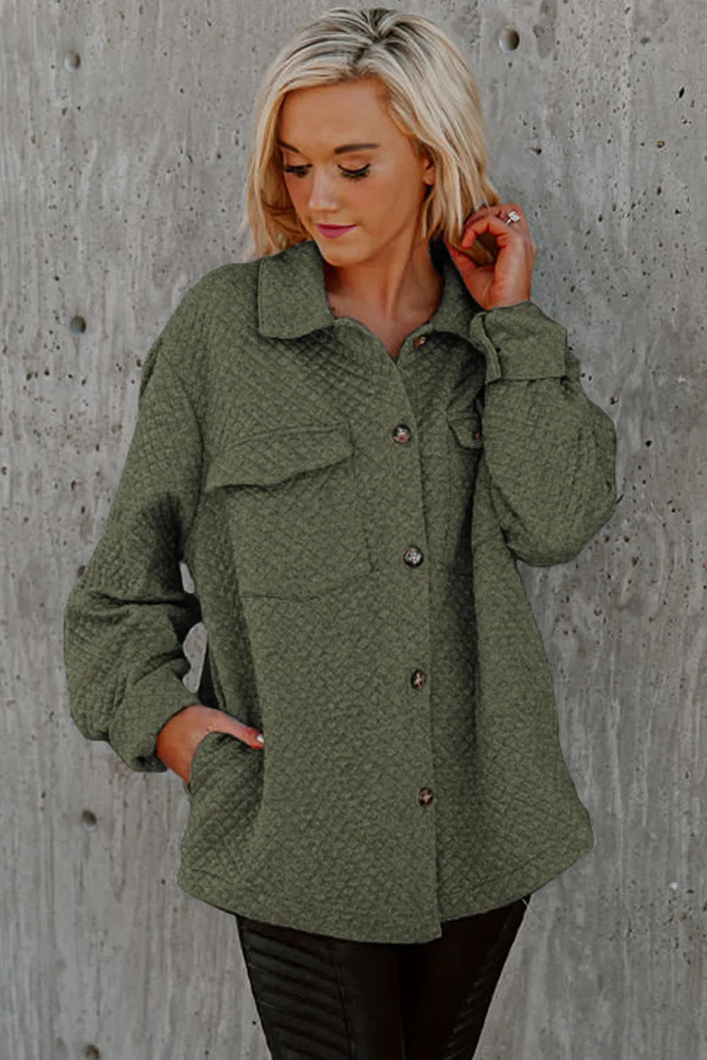 Green Retro Quilted Flap Pocket Button Shacket