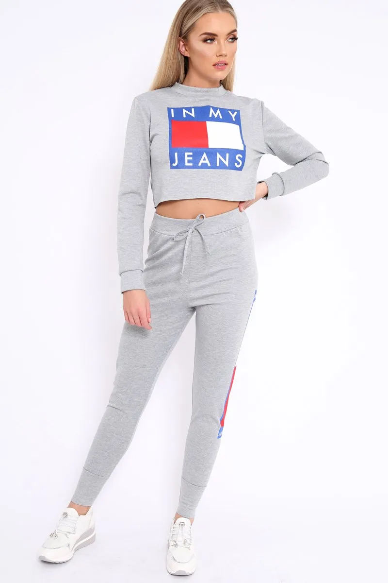 Grey In My Jeans Cropped Top Loungewear Set - Yarely