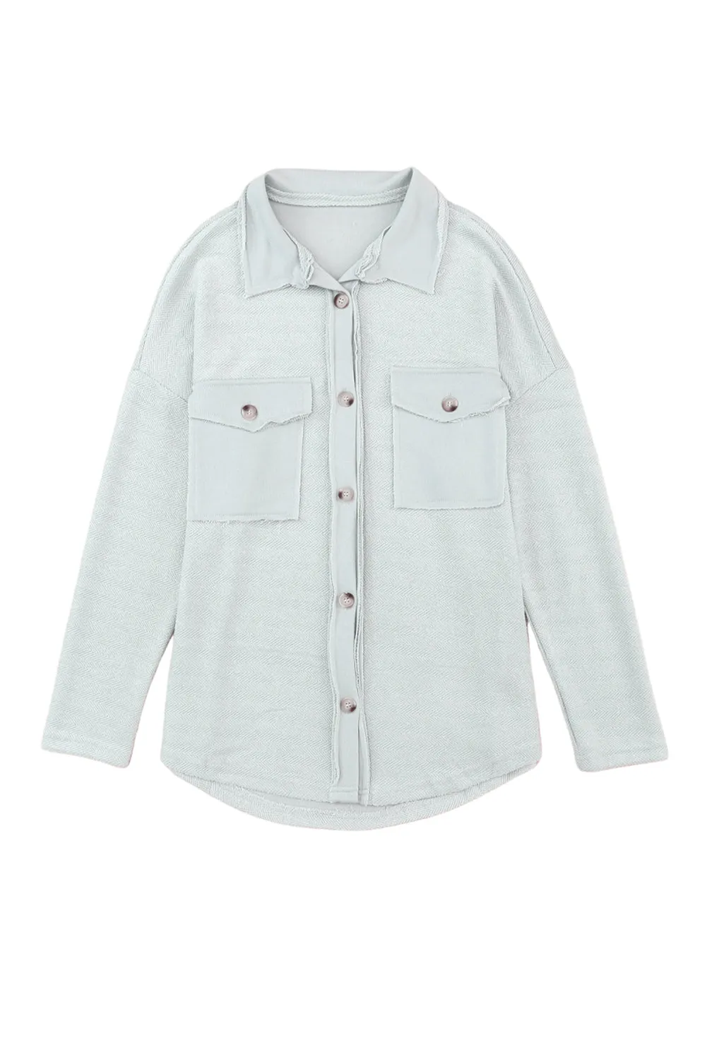 Grey Solid Color Textured Button Up Shirt Shacket with Pockets