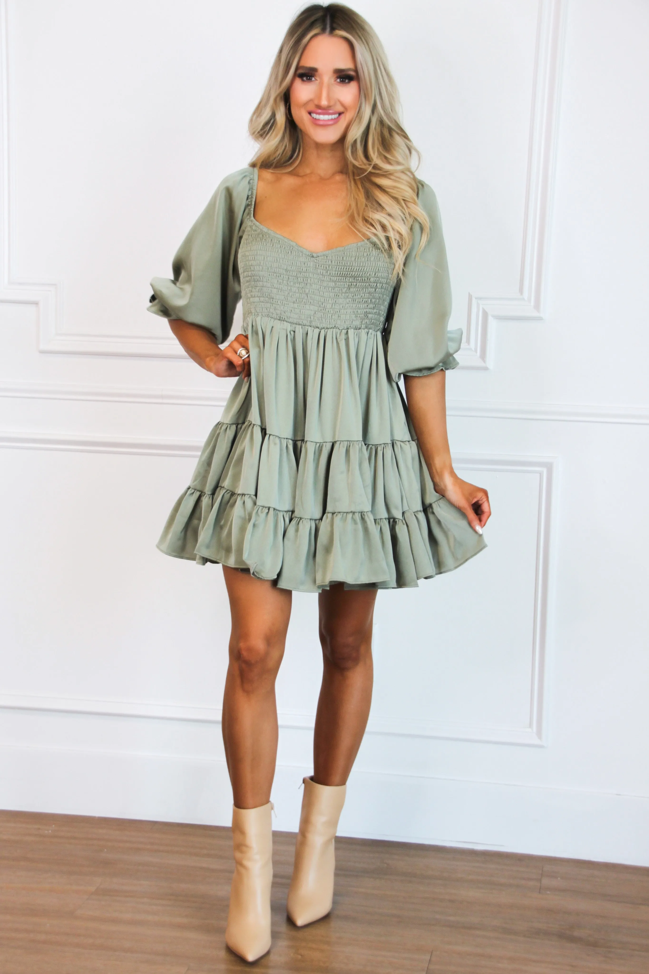 Hazel Smocked Babydoll Dress: Olive