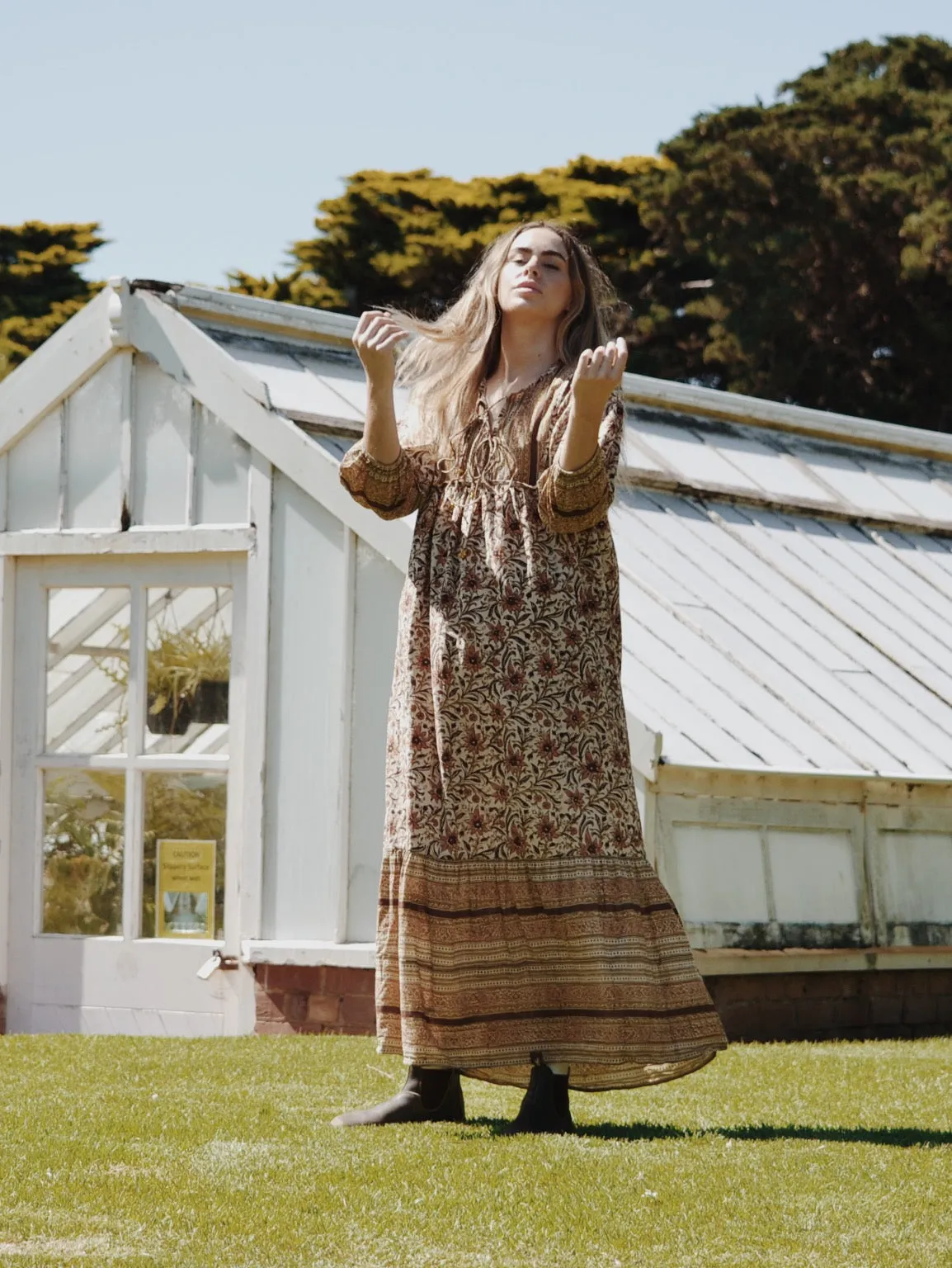 HENRI MAXI DRESS HAND BLOCKED EARTHY BROWN FLORAL