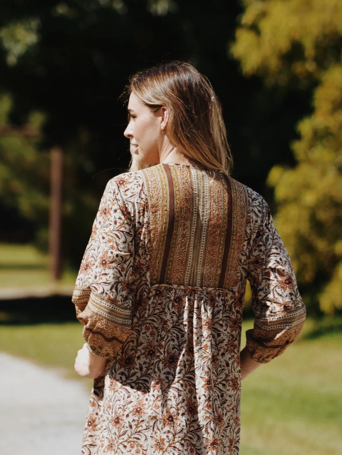 HENRI MAXI DRESS HAND BLOCKED EARTHY BROWN FLORAL