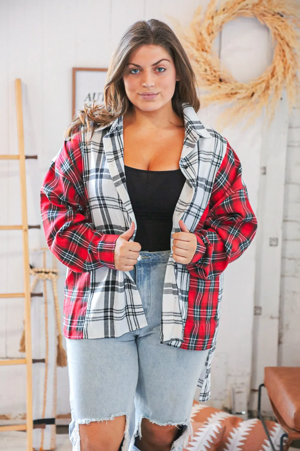 Holiday Red & White Plaid Button Down Hi Lo Shacket