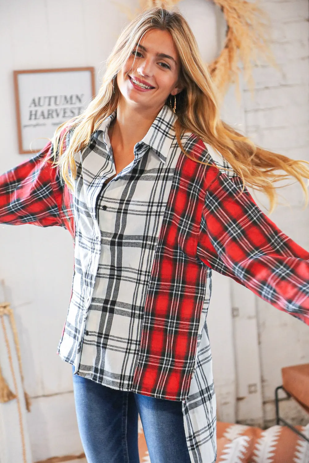 Holiday Red & White Plaid Button Down Hi Lo Shacket