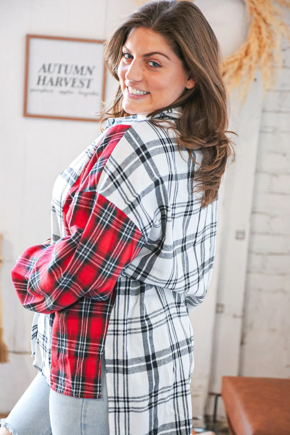 Holiday Red & White Plaid Button Down Hi Lo Shacket