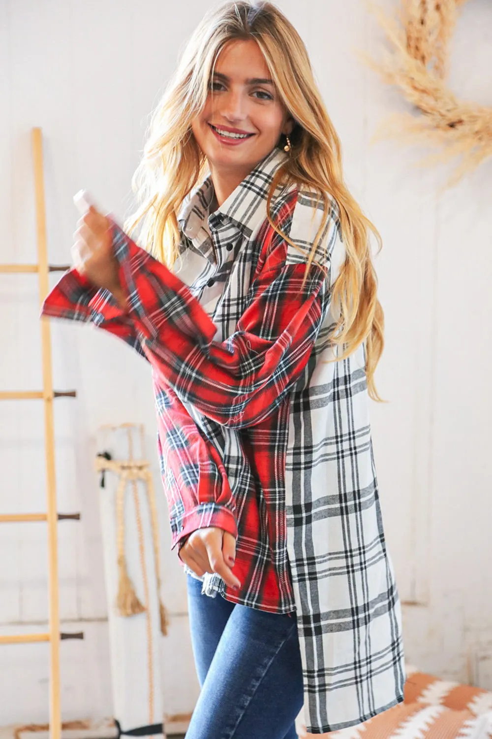 Holiday Red & White Plaid Button Down Hi Lo Shacket