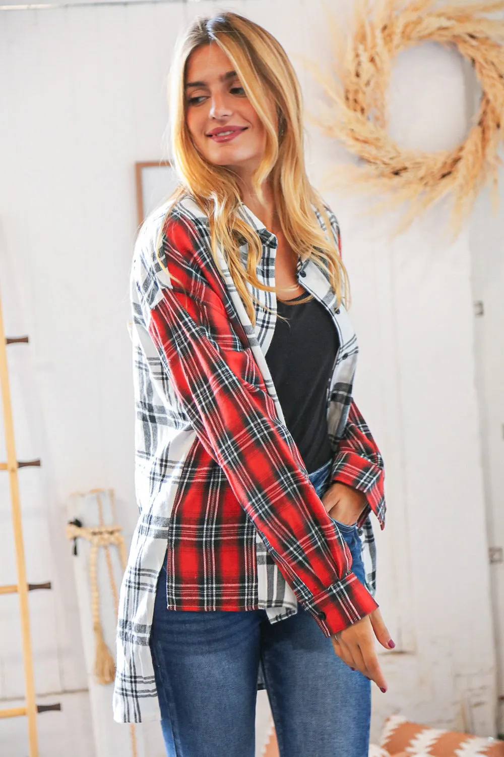 Holiday Red & White Plaid Button Down Hi Lo Shacket