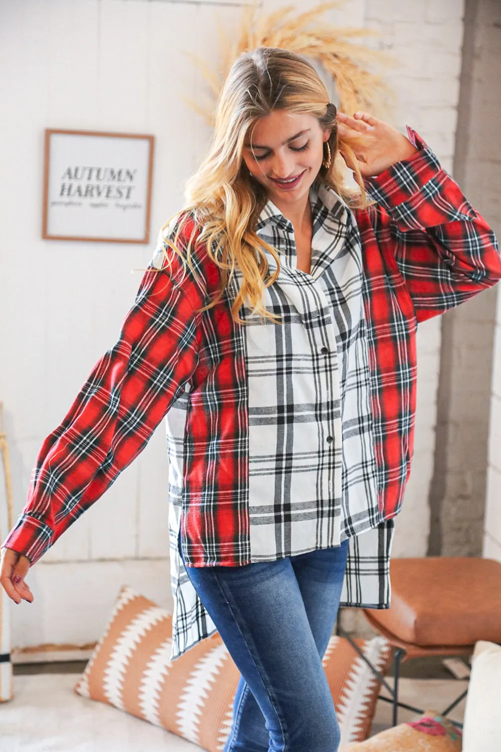 Holiday Red & White Plaid Button Down Hi Lo Shacket