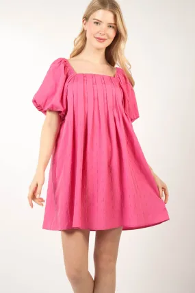 Hot Pink Puff Sleeve Pleated Spring Mini Dress