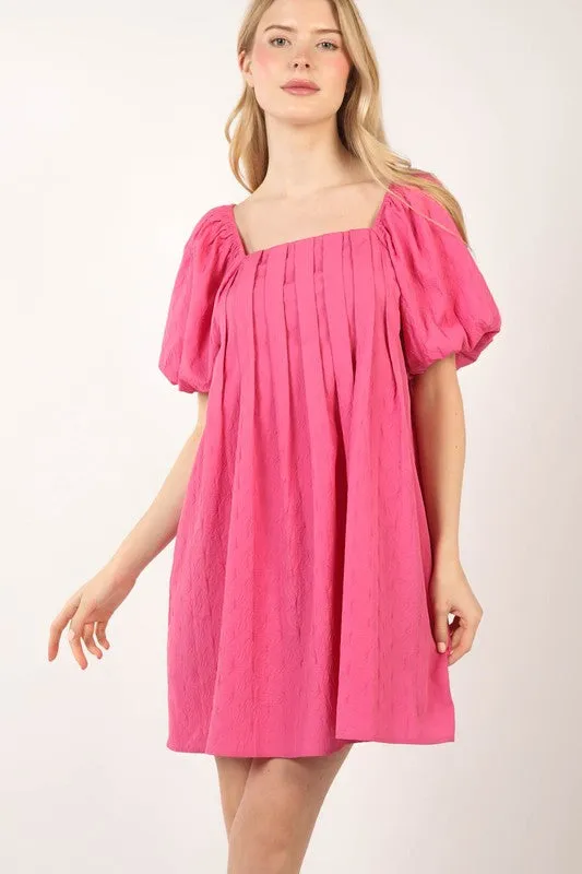 Hot Pink Puff Sleeve Pleated Spring Mini Dress