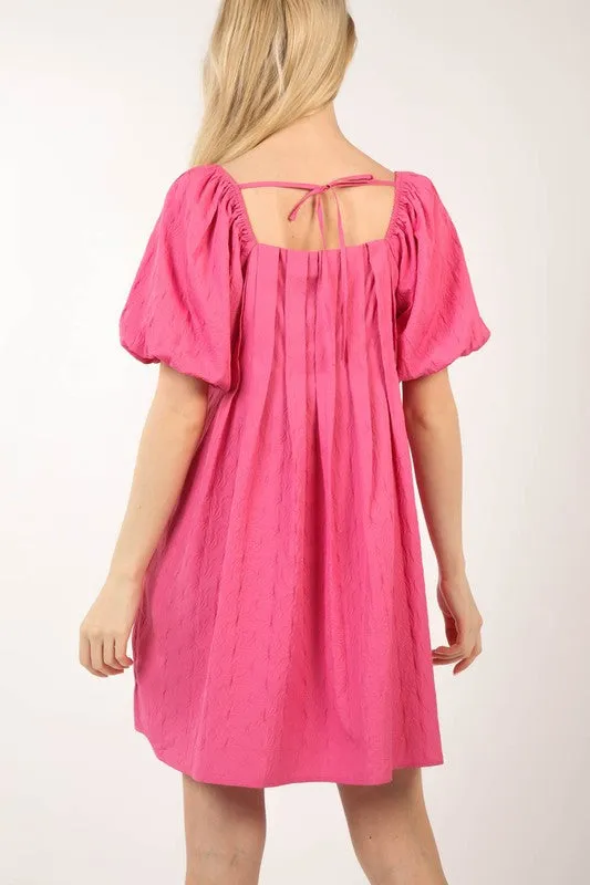 Hot Pink Puff Sleeve Pleated Spring Mini Dress