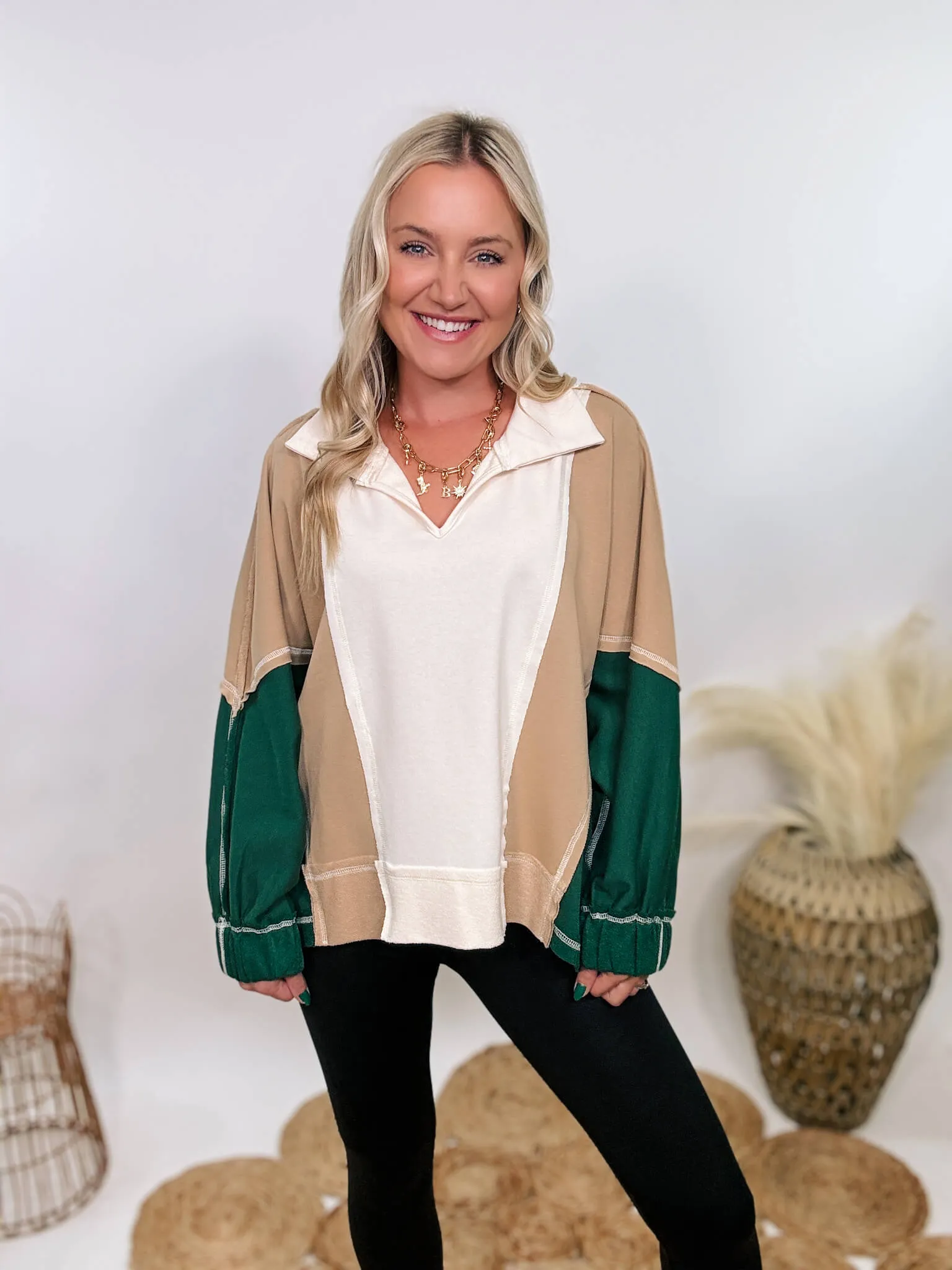 Hunter Green, Camel, and Cream Oversized Colorblock Pullover