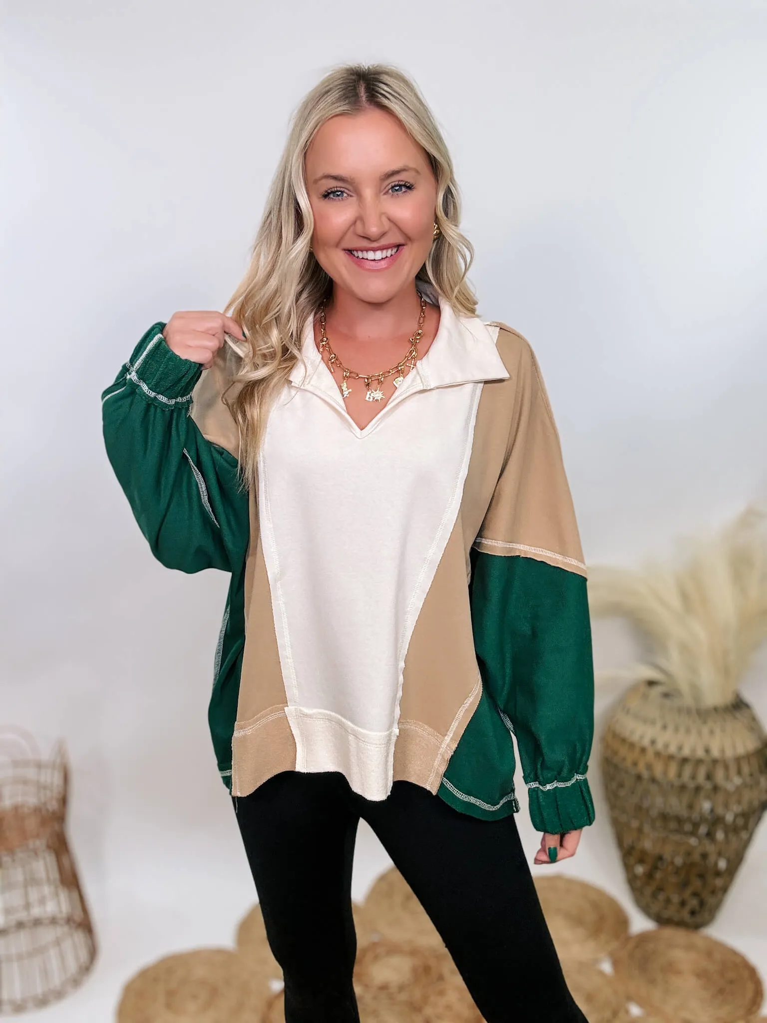 Hunter Green, Camel, and Cream Oversized Colorblock Pullover