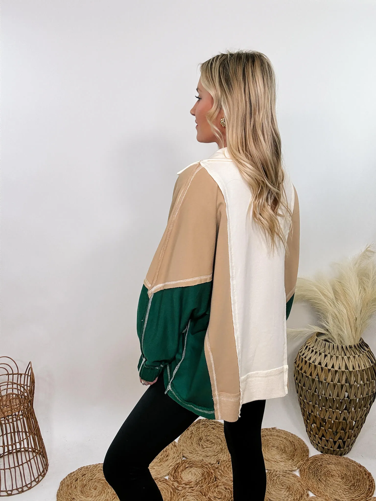 Hunter Green, Camel, and Cream Oversized Colorblock Pullover