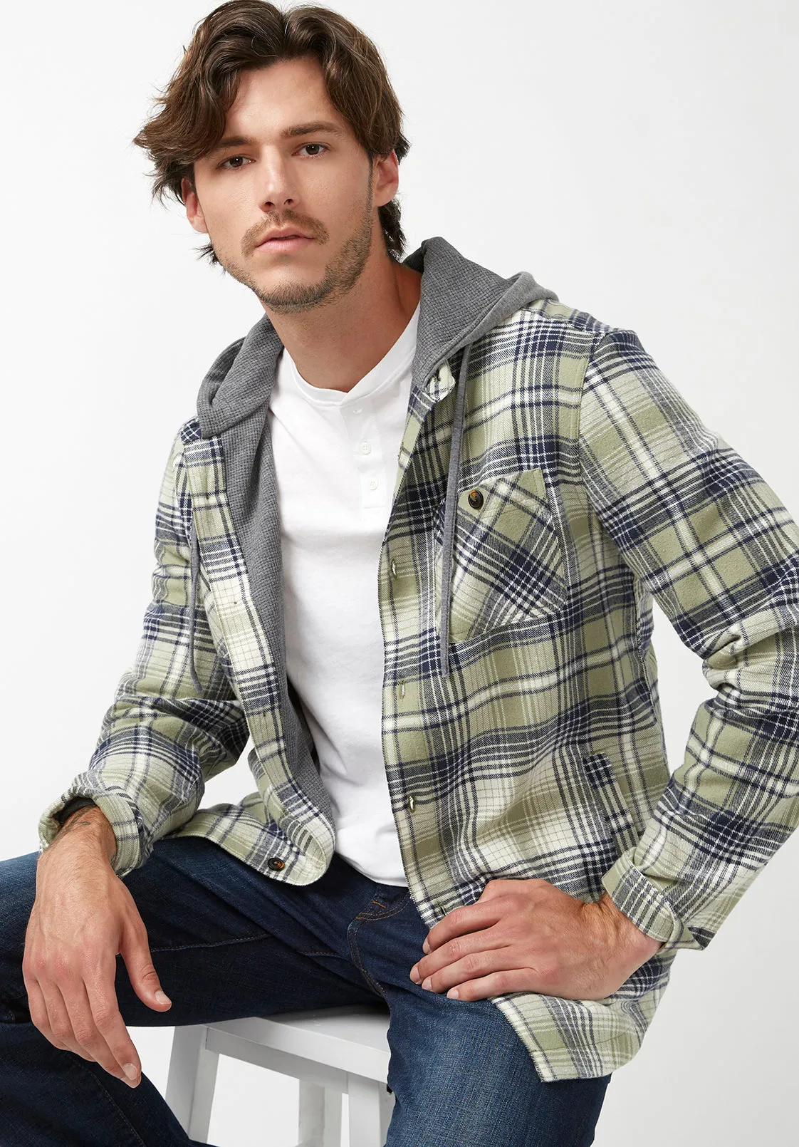 Jarvis Men's Long-Sleeve Shacket in Oil Green Plaid - BM24218