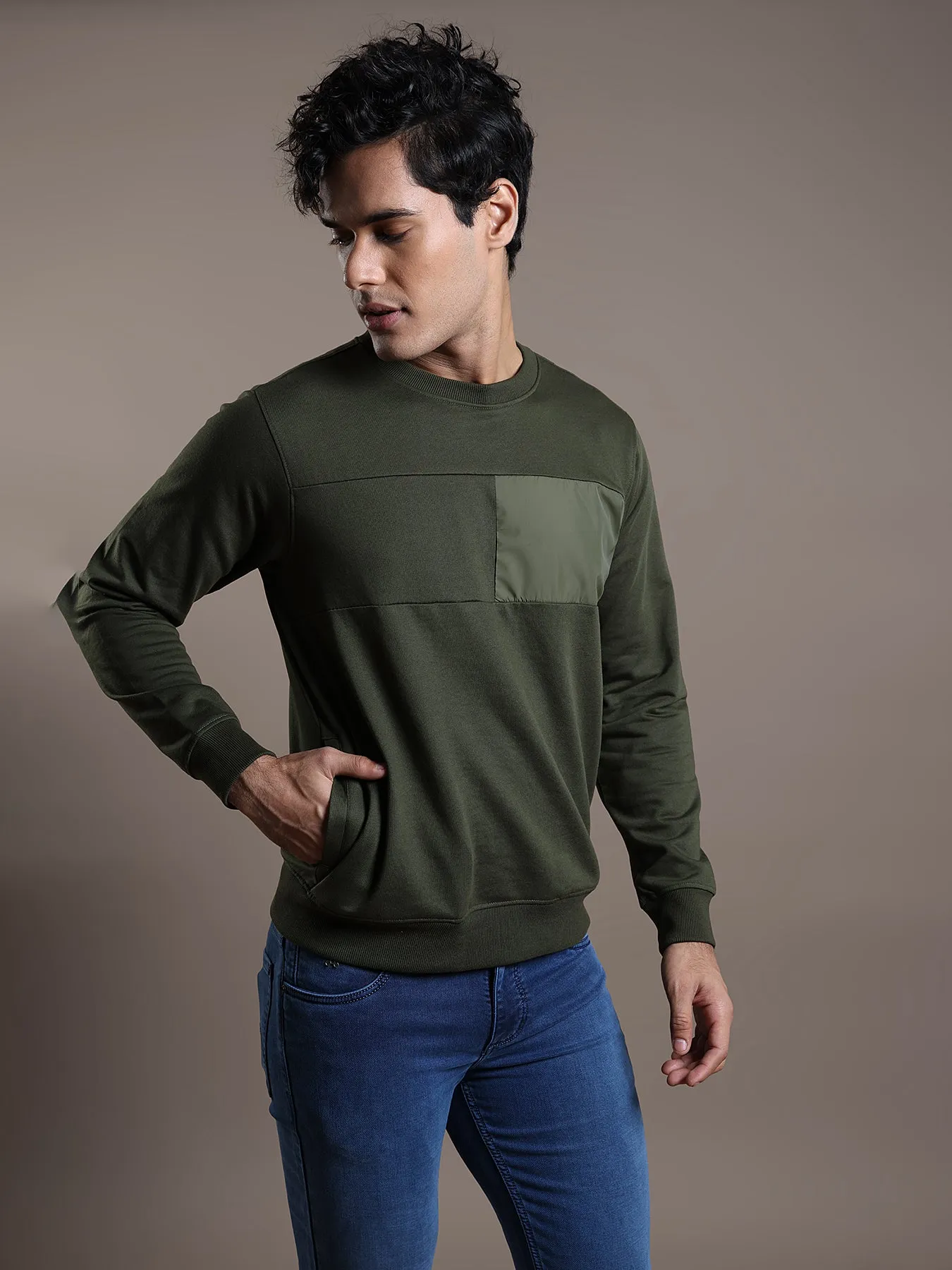 Knitted Olive Self Design Regular Fit Full Sleeve Casual Sweatshirt