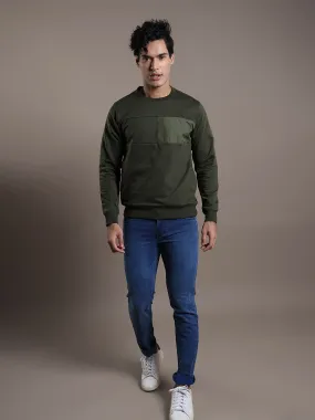 Knitted Olive Self Design Regular Fit Full Sleeve Casual Sweatshirt