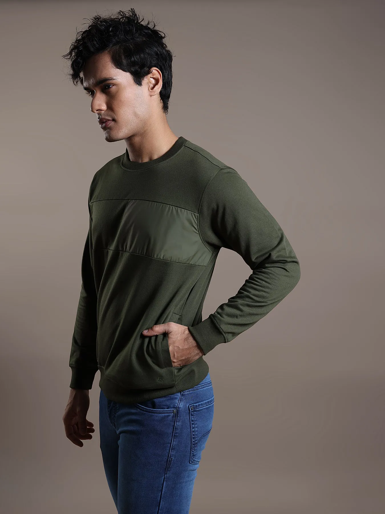 Knitted Olive Self Design Regular Fit Full Sleeve Casual Sweatshirt