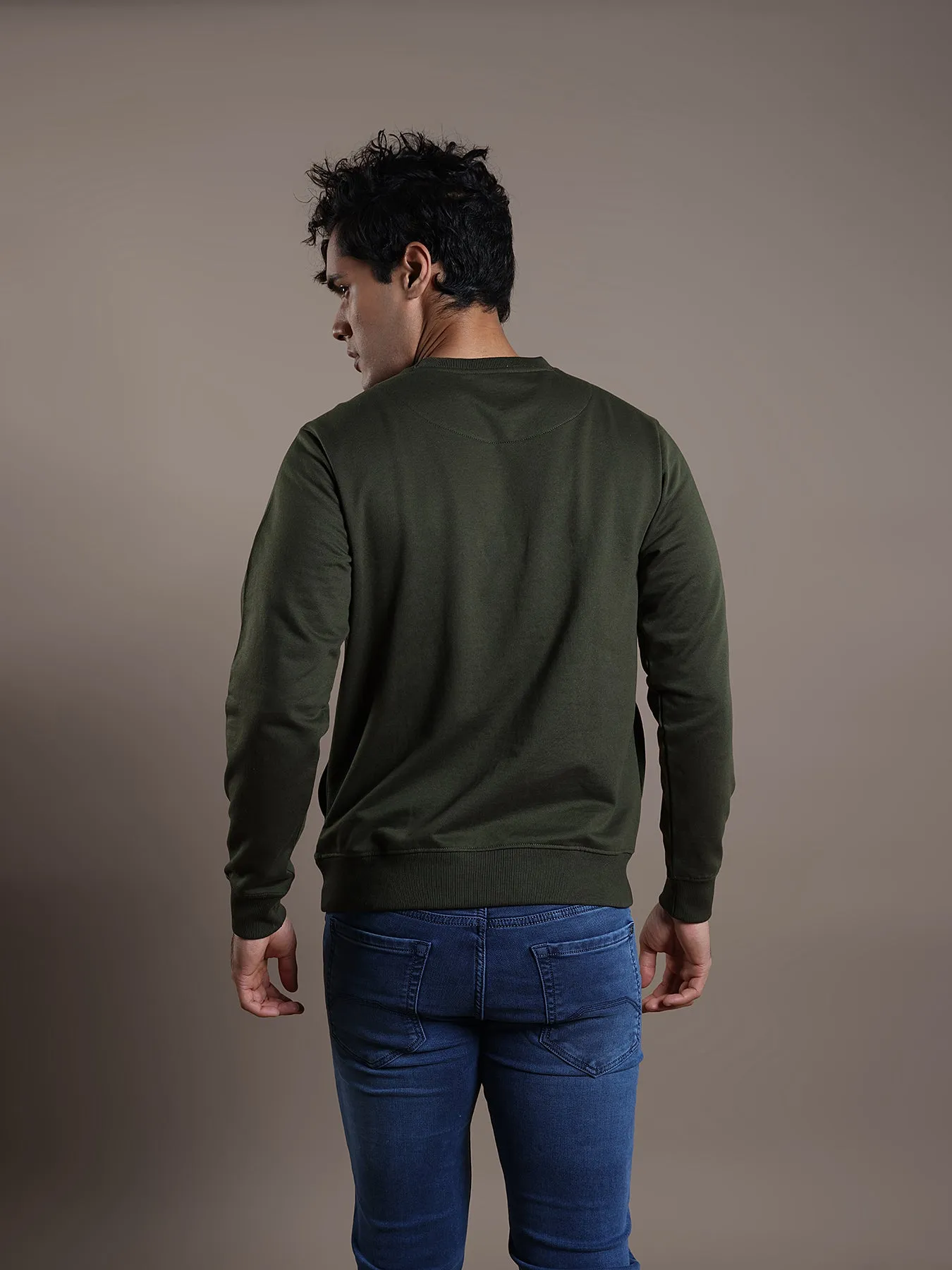 Knitted Olive Self Design Regular Fit Full Sleeve Casual Sweatshirt