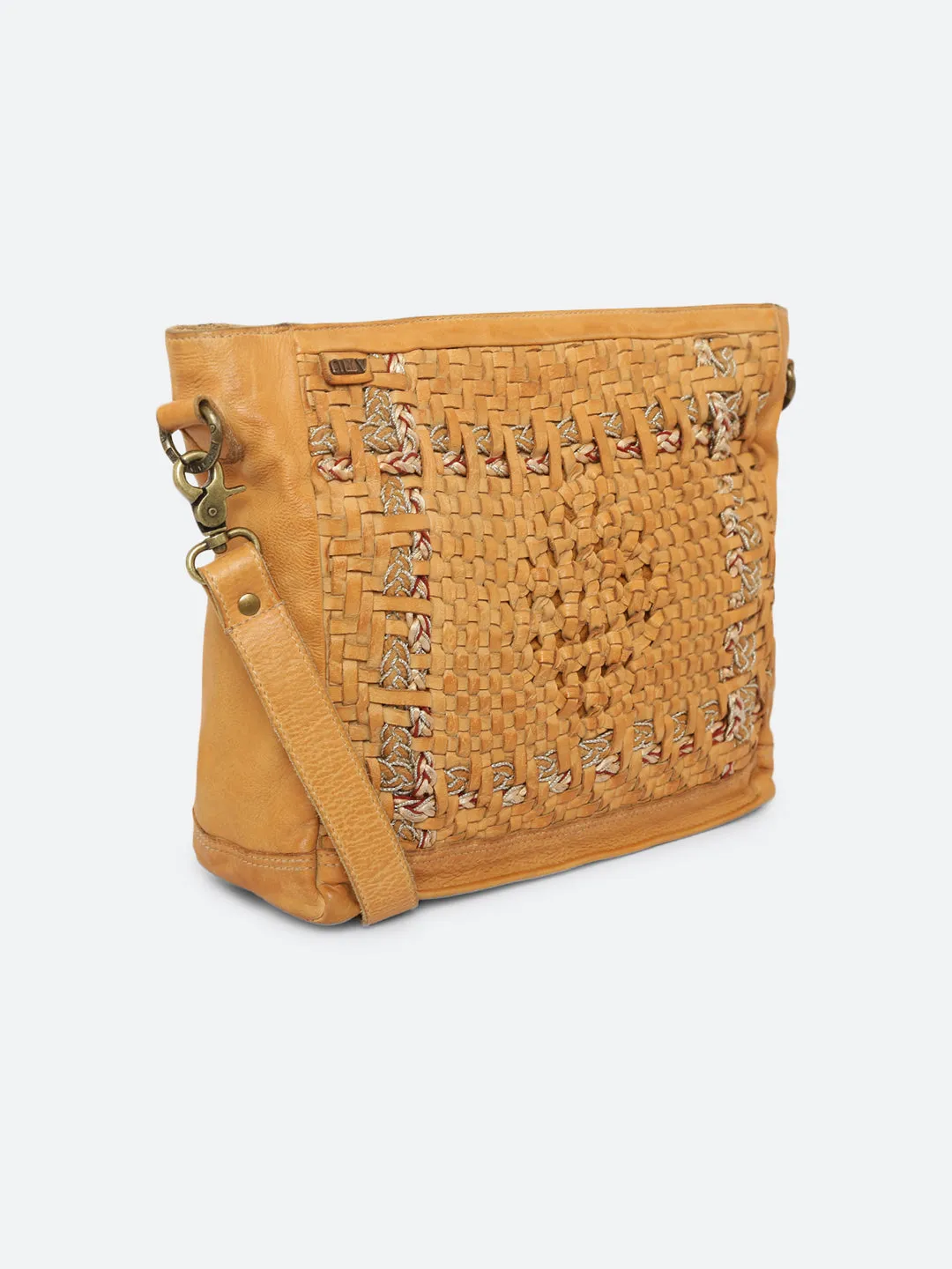 Krishi: Mustard Leather Hand Weaving Office Crossbody