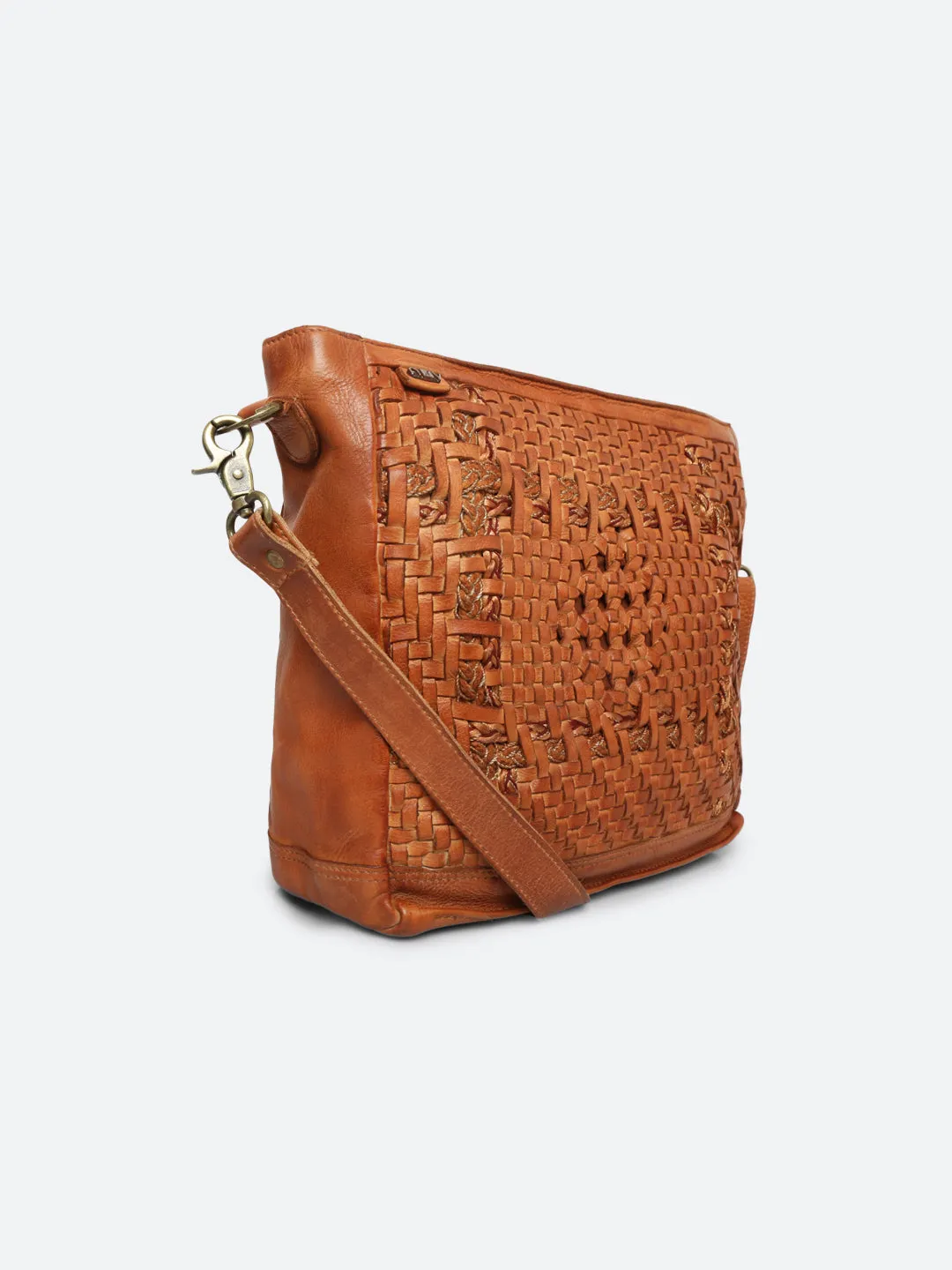 Krishi: Mustard Leather Hand Weaving Office Crossbody