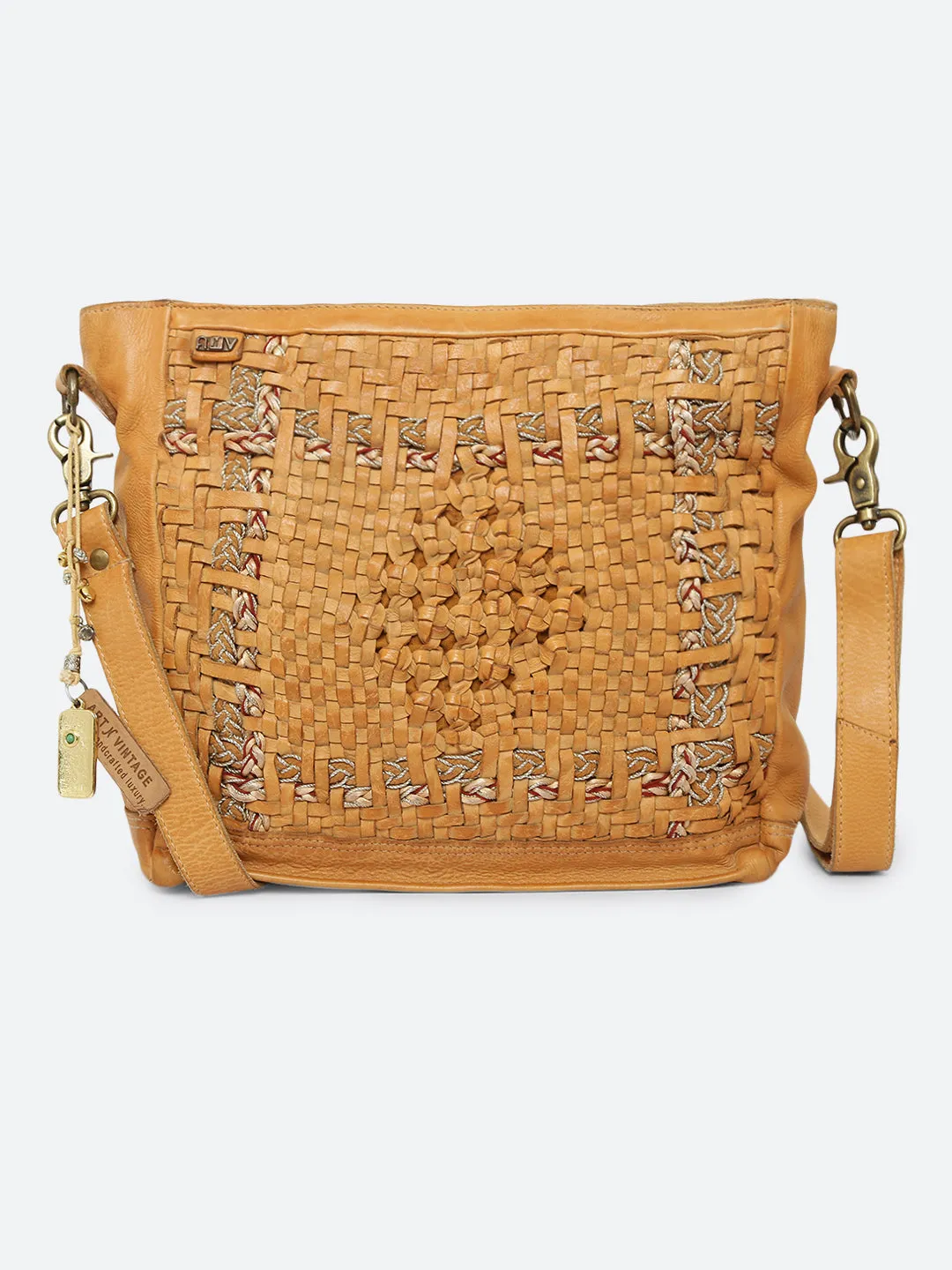 Krishi: Mustard Leather Hand Weaving Office Crossbody