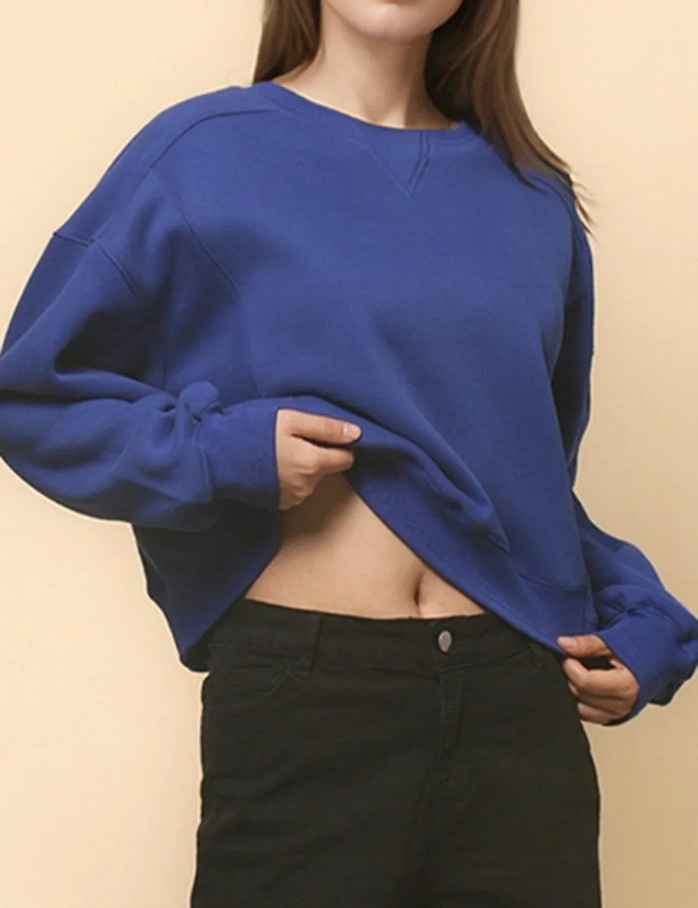 Ladies Solid Color Velvet Cropped Pullover Sweatshirt SKT523