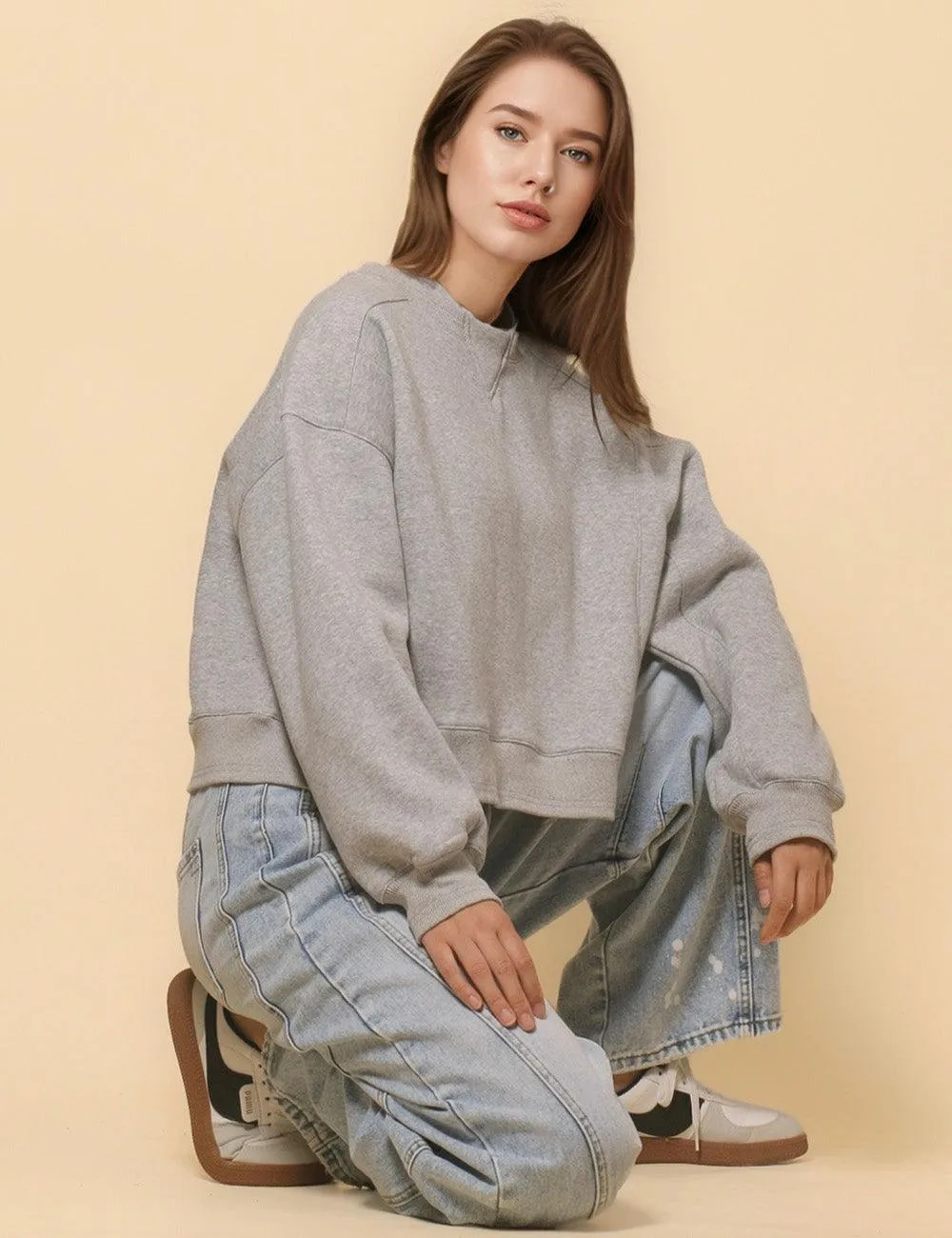 Ladies Solid Color Velvet Cropped Pullover Sweatshirt SKT523