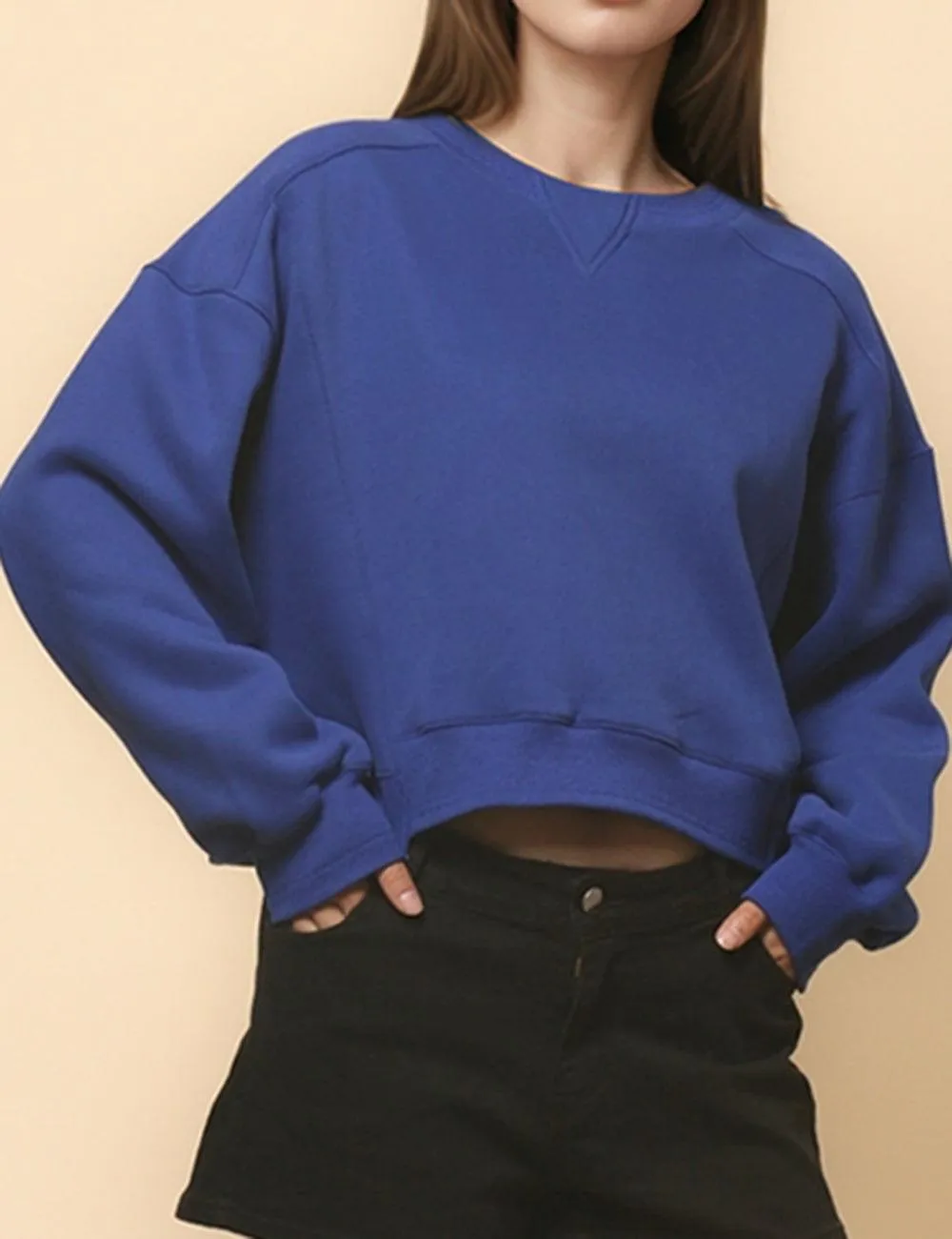 Ladies Solid Color Velvet Cropped Pullover Sweatshirt SKT523