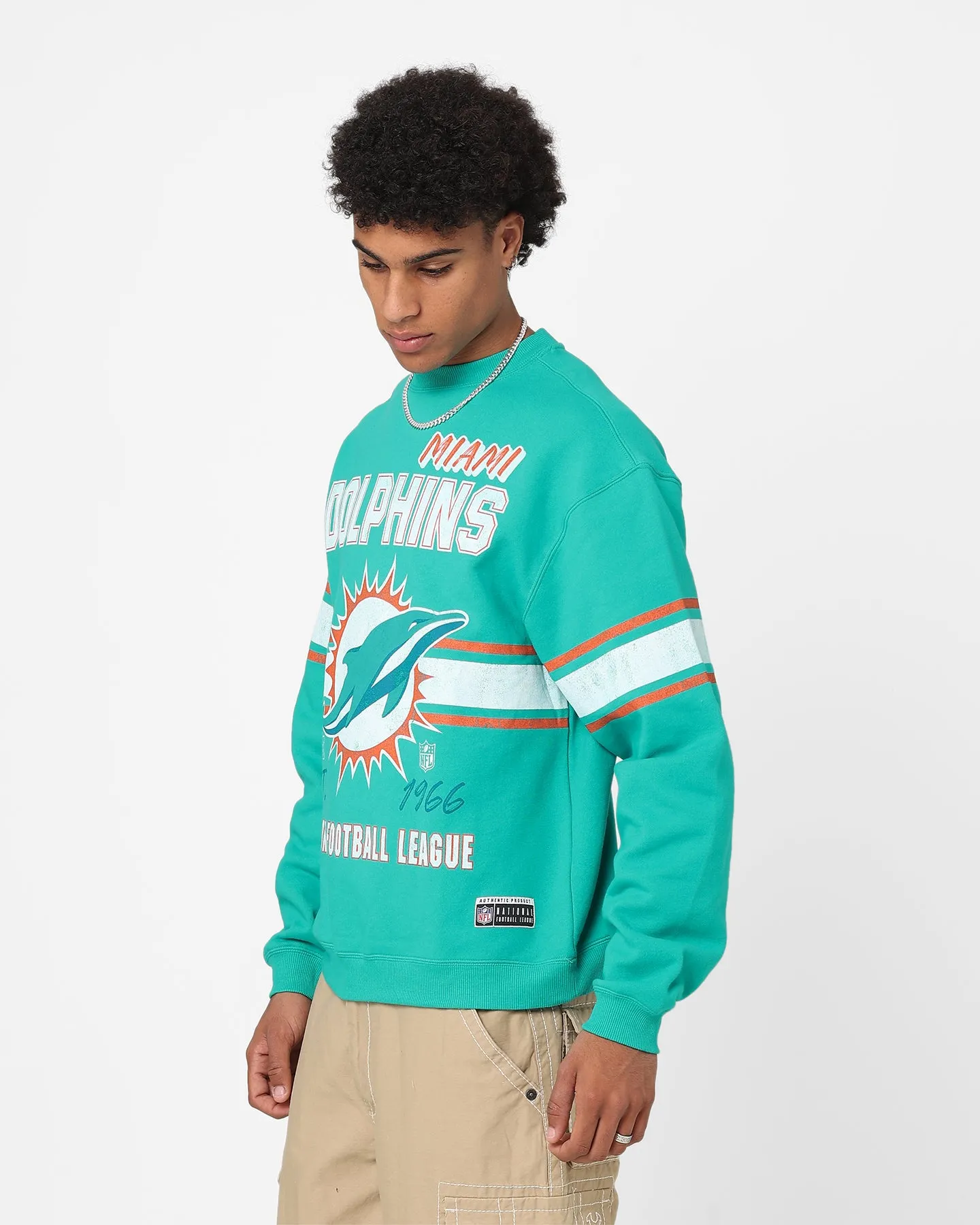 Majestic Athletic Miami Dolphins Stripe Crest Crewneck Faded Teal