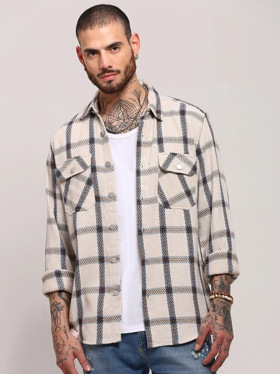 Men Cream Checked Shacket