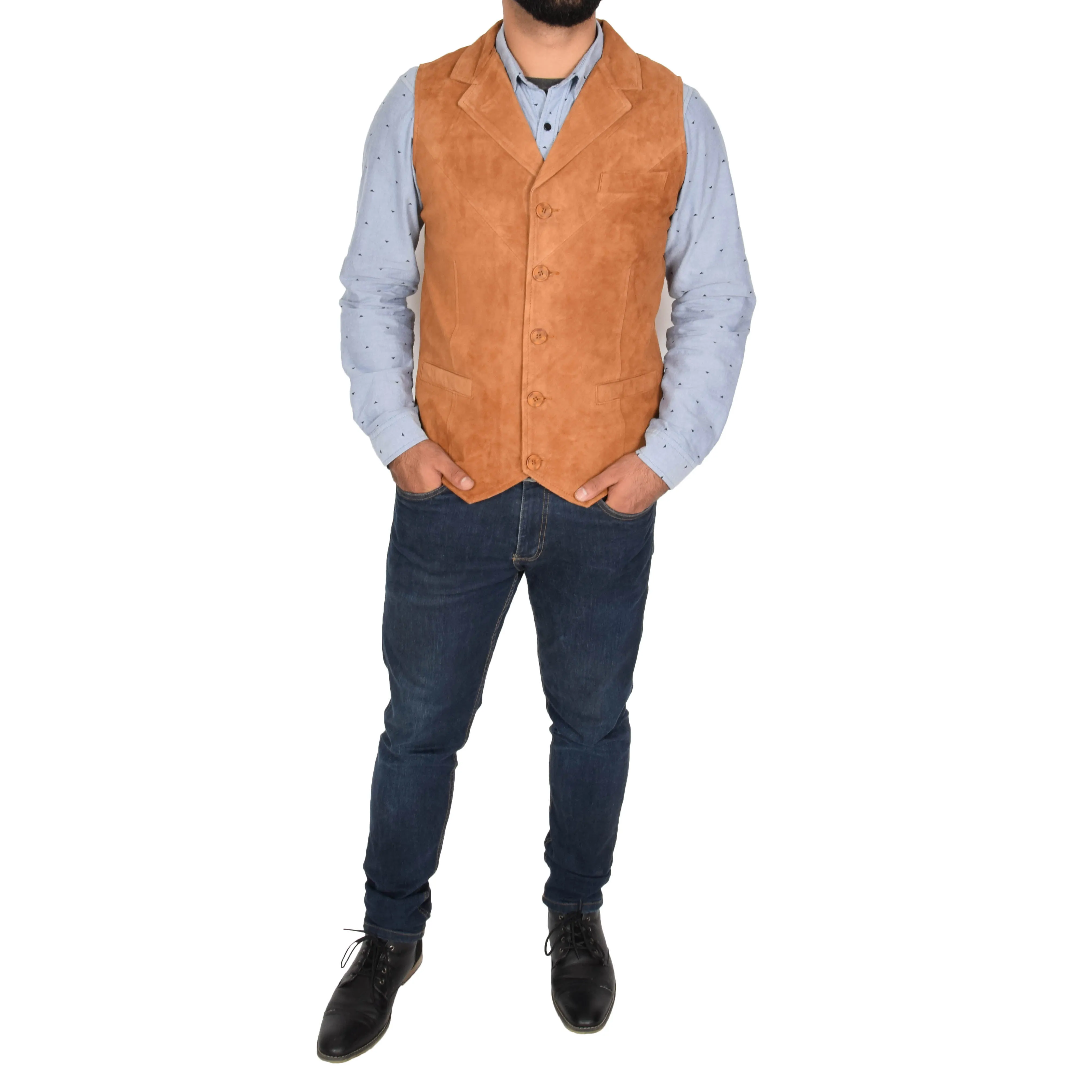 Mens Suede Buttoned Waistcoat Gilet Devin Tan