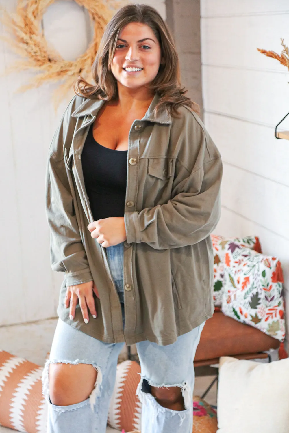 Olive Terry Button Down Oversized Shirt Shacket