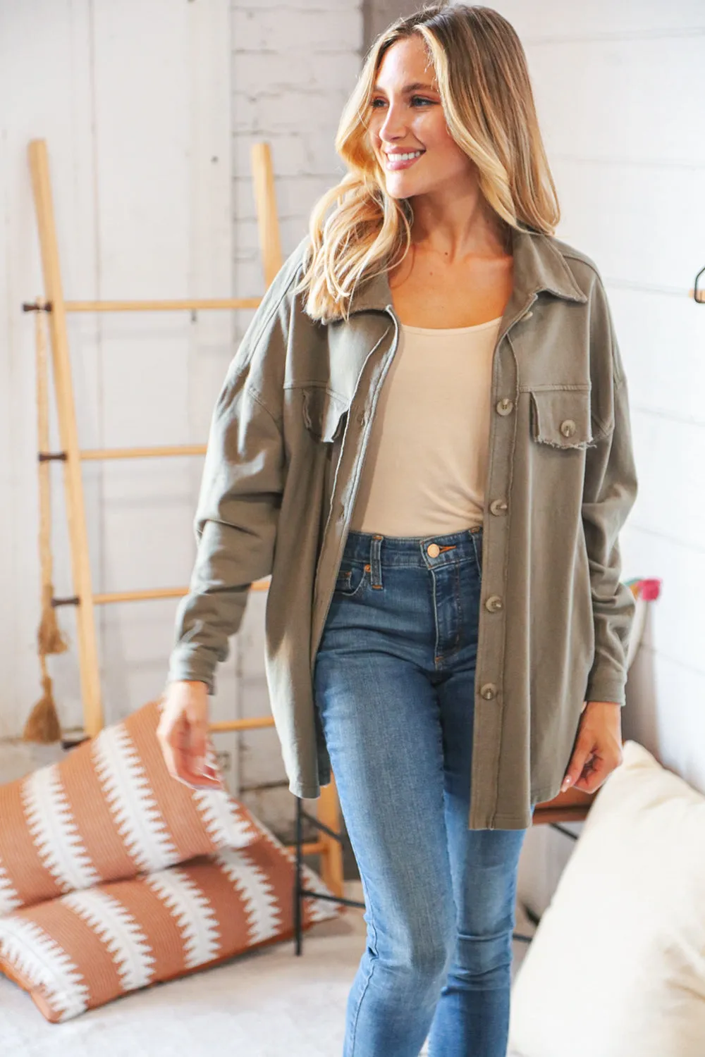 Olive Terry Button Down Oversized Shirt Shacket