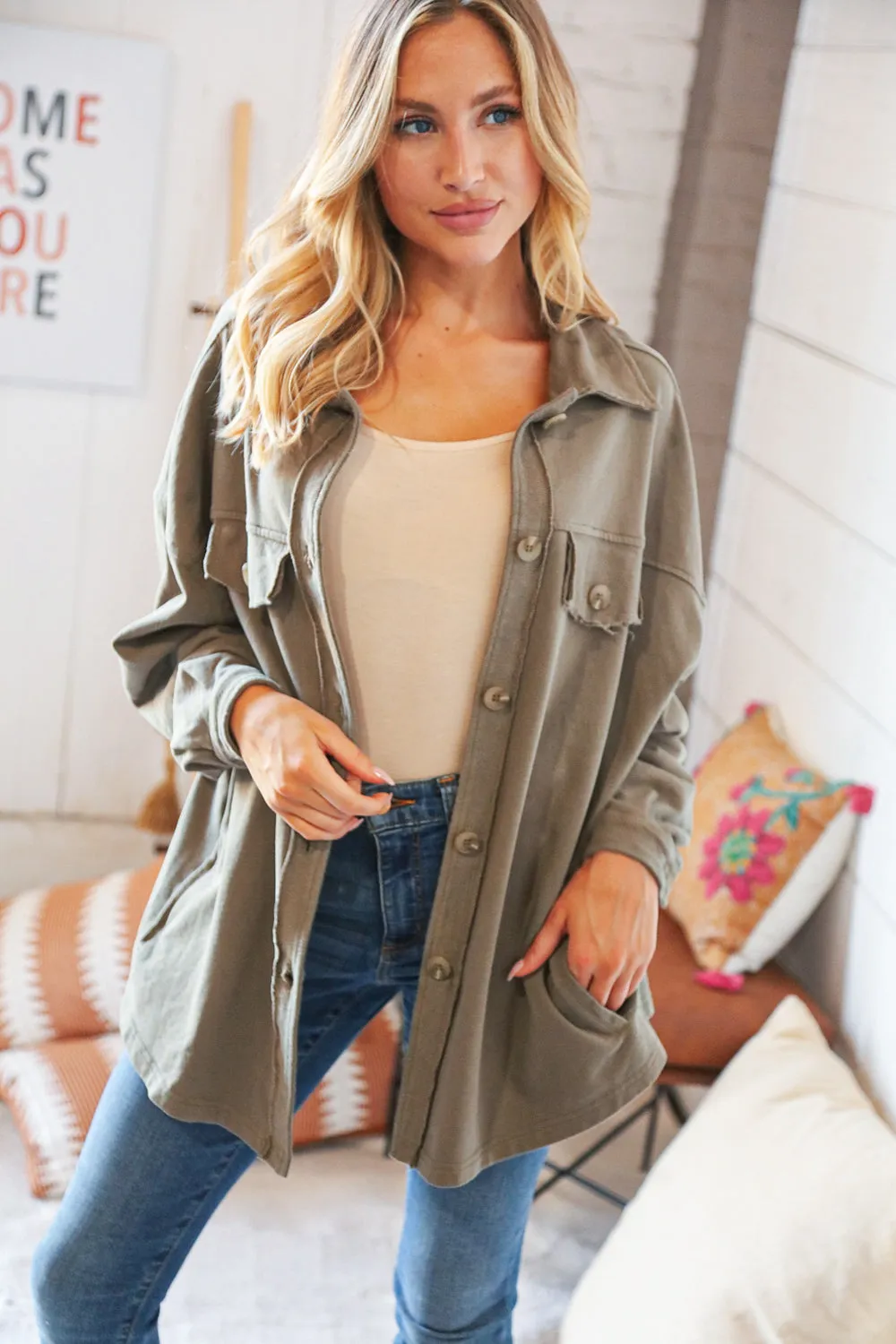 Olive Terry Button Down Oversized Shirt Shacket