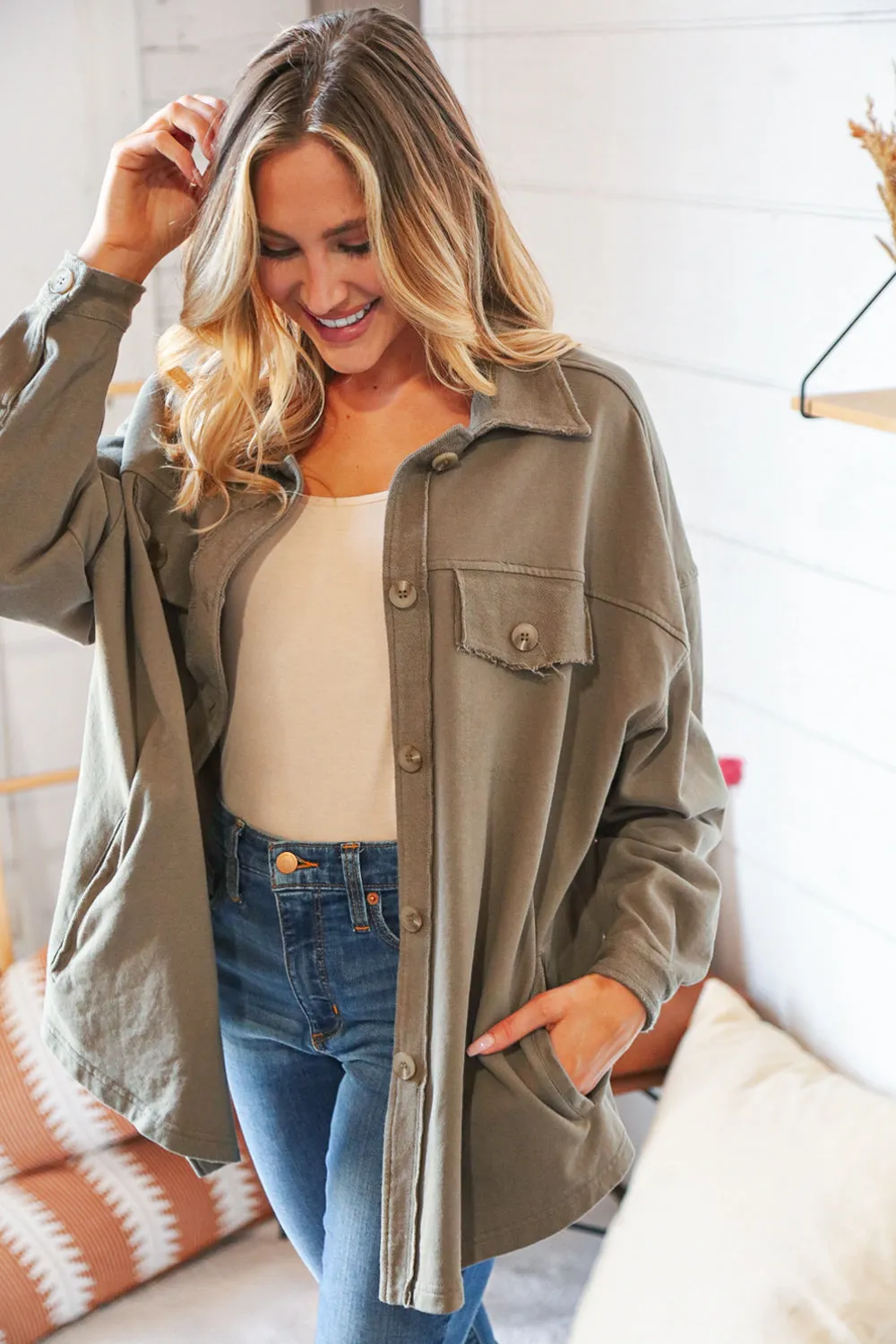 Olive Terry Button Down Oversized Shirt Shacket