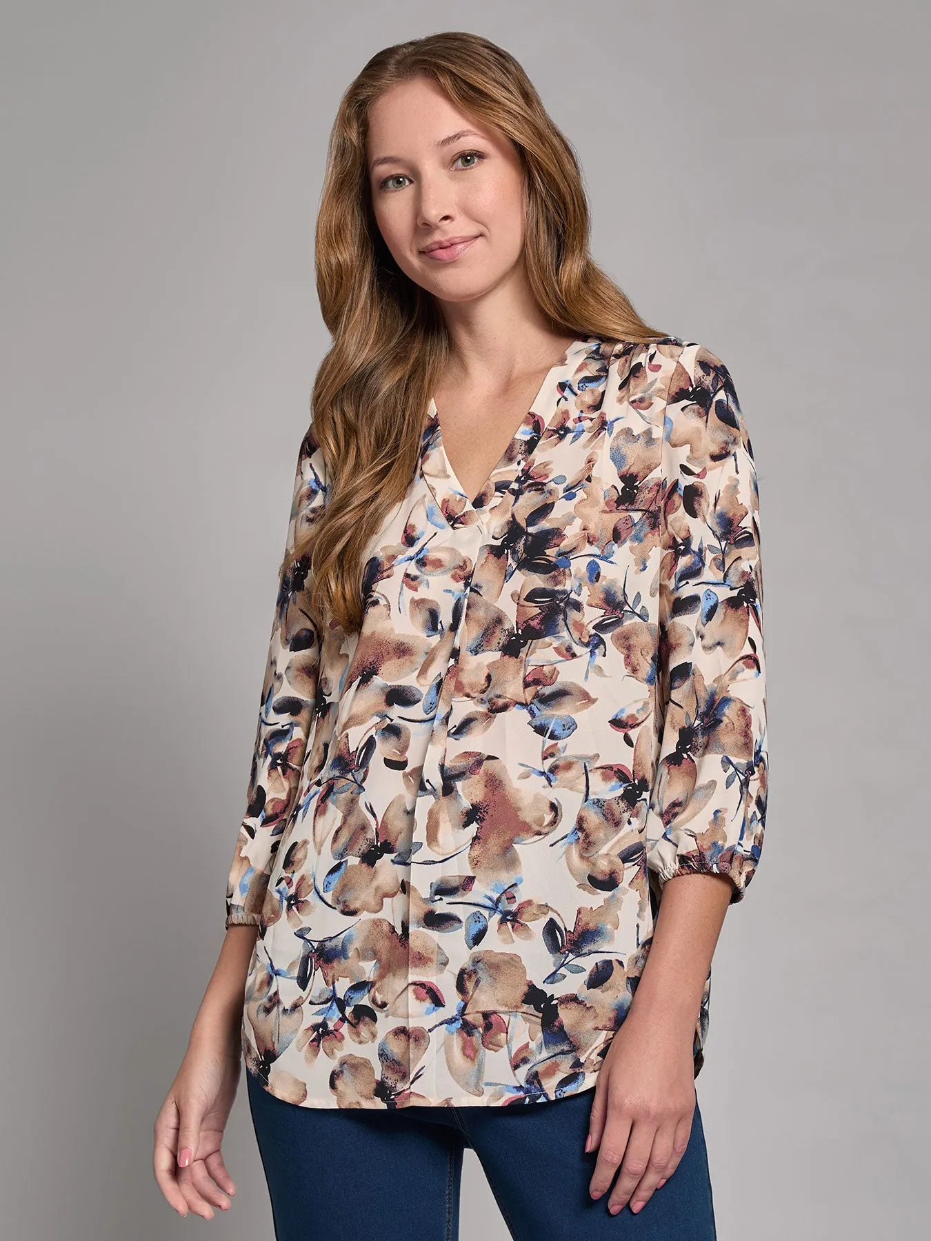 Plus Print V-Neck Pleated Kelly Blouse