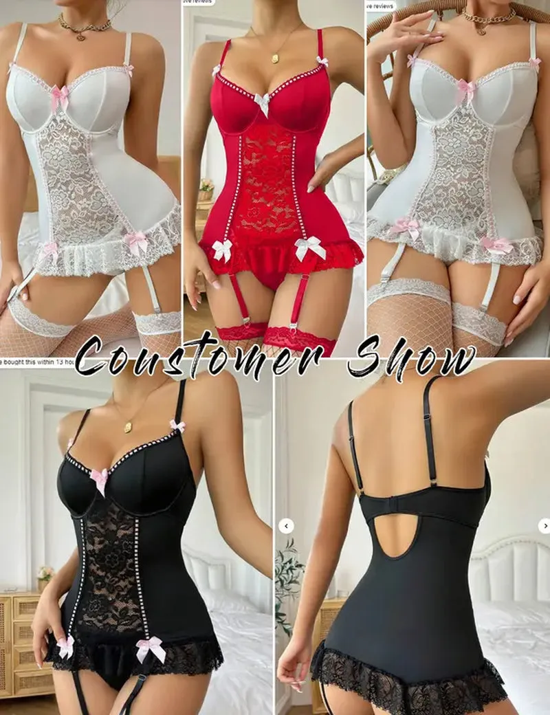 "Seductive Lace Lingerie Set: Corset, Garter Belt, Panty, Bra Dress"