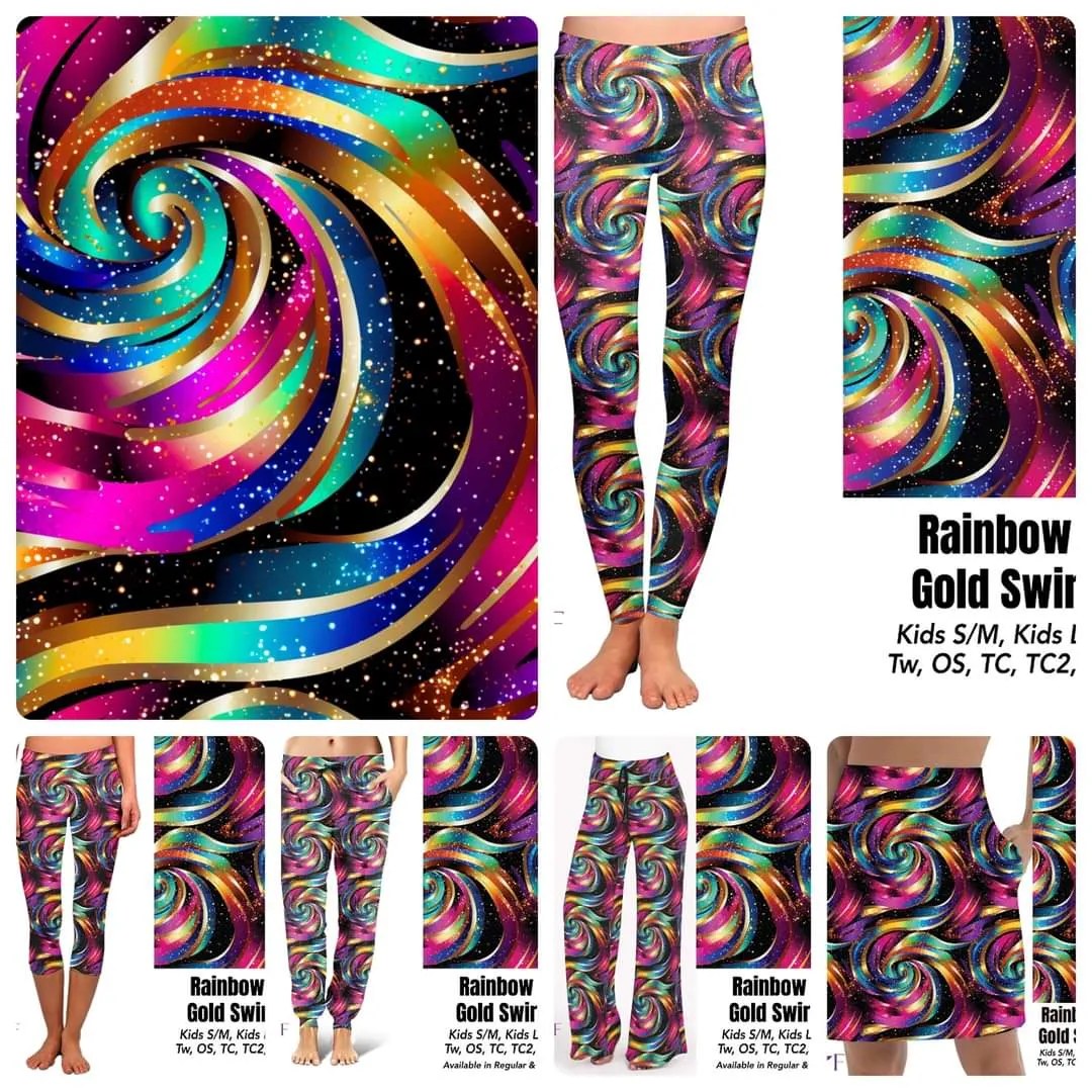 Rainbow Gold Swirls leggings, capris, and skorts with pockets